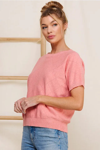 Allie Rose Tops - Sweaters Soft Fine Gauge Diamond Pointelle Short Sleeve Sweater