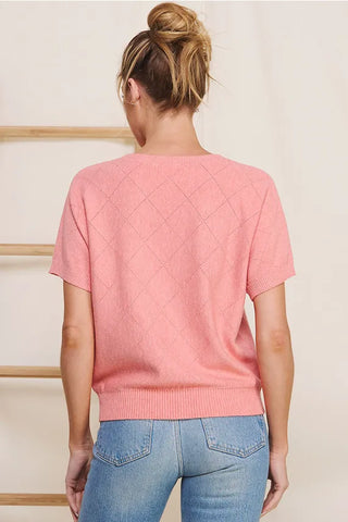 Allie Rose Tops - Sweaters Soft Fine Gauge Diamond Pointelle Short Sleeve Sweater