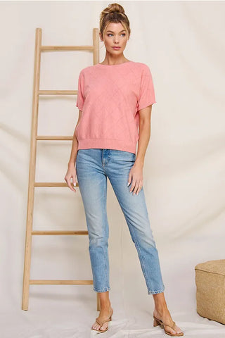 Allie Rose Tops - Sweaters Soft Fine Gauge Diamond Pointelle Short Sleeve Sweater