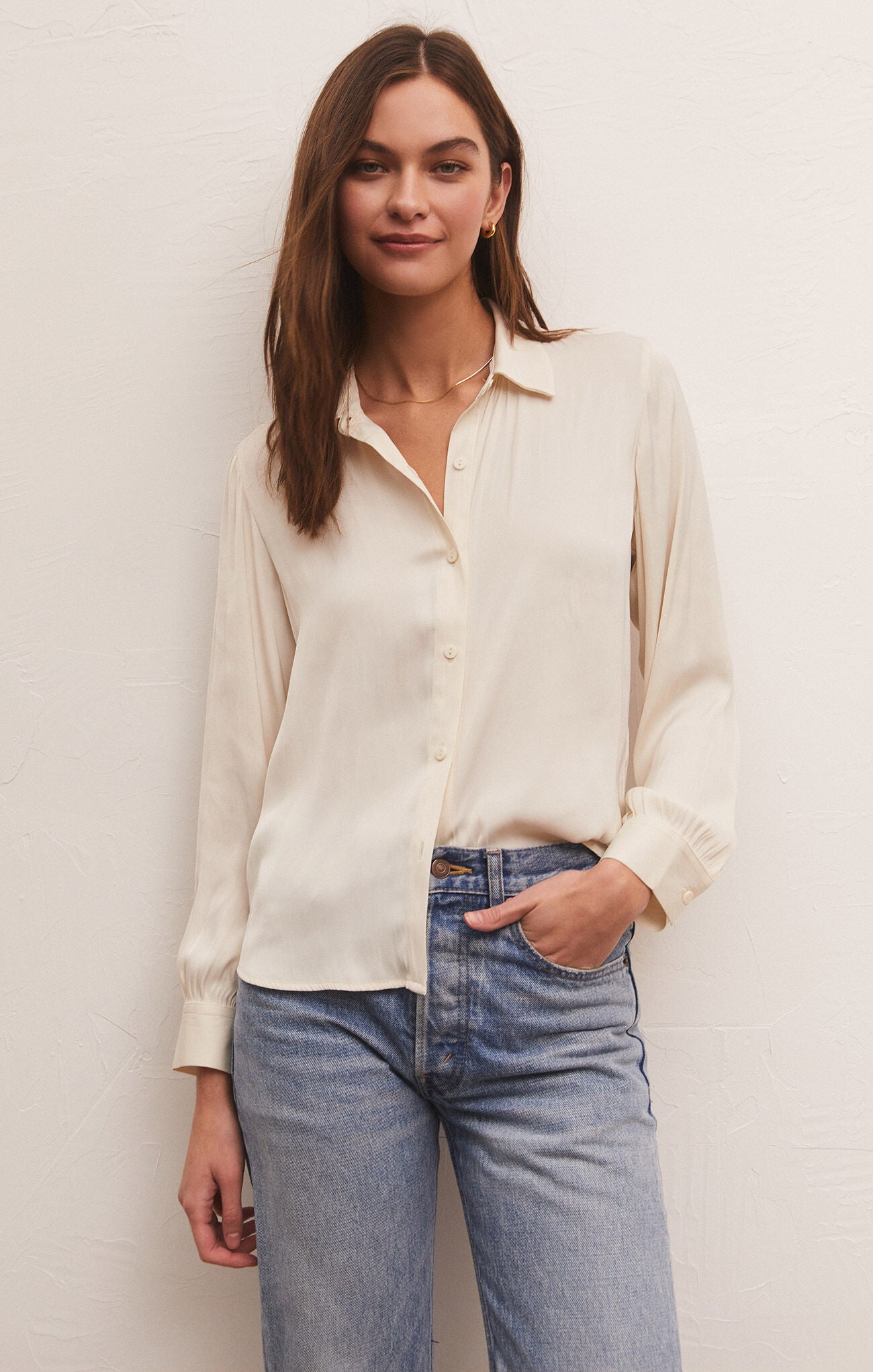 Sale Serenity Lux Sheen Button Up Top Sandstone
