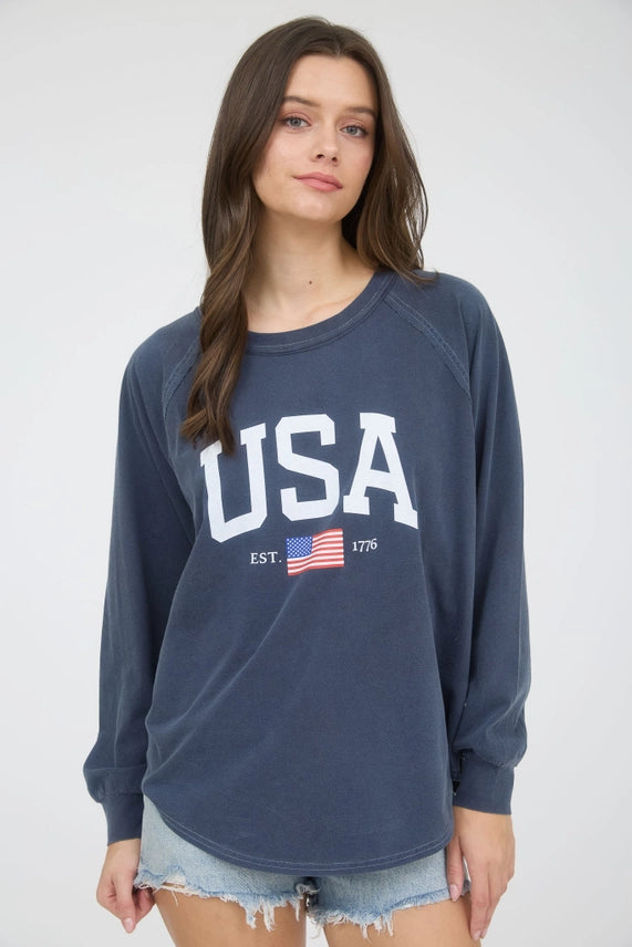 USA Graphic Ragland Long Sleeve Knit Top