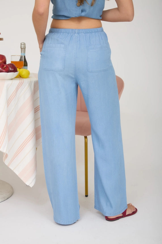Chambray Drawstring Wide Leg Pants