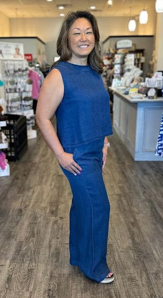 Blu Pepper Bottoms - Pants Chambray Elastic Waist Wide Leg Pants