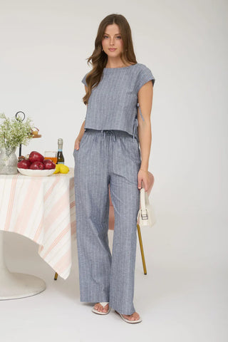 Blu Pepper Bottoms - Pants Stripe Linen Blend Drawstring Wide Leg Pants