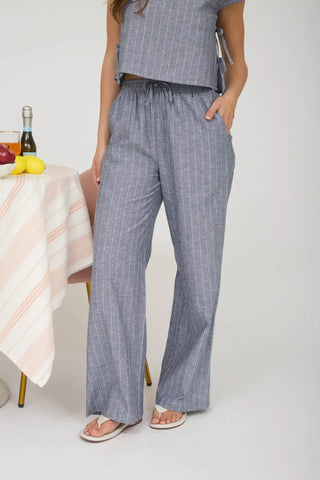 Blu Pepper Bottoms - Pants Stripe Linen Blend Drawstring Wide Leg Pants