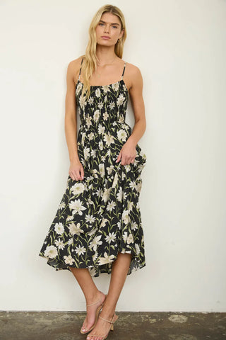 Blu Pepper Dresses Floral Smocked Spaghetti Strap Midi Sundress Black