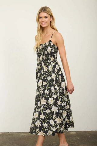 Blu Pepper Dresses Floral Smocked Spaghetti Strap Midi Sundress Black