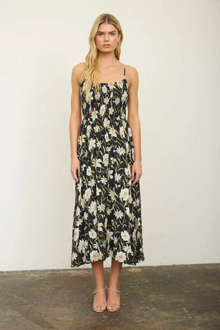 Blu Pepper Dresses Floral Smocked Spaghetti Strap Midi Sundress Black
