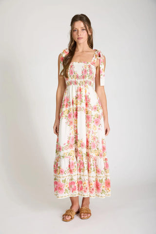 Blu Pepper Dresses Floral Tie Strap Smocked Bodice  Midi Dress