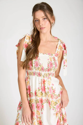 Blu Pepper Dresses Floral Tie Strap Smocked Bodice  Midi Dress