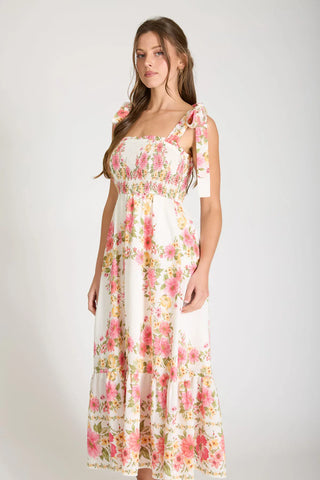 Blu Pepper Dresses Floral Tie Strap Smocked Bodice  Midi Dress