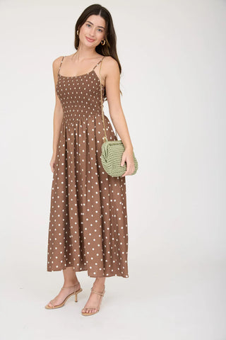 Blu Pepper Dresses Polka Dot Smocked Spaghetti Strap Midi Sundress