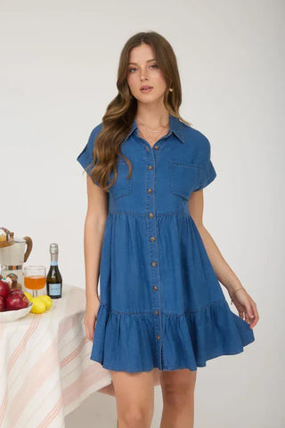 Blu Pepper Dresses Sm Dark Chambray Collared Button Down Dress