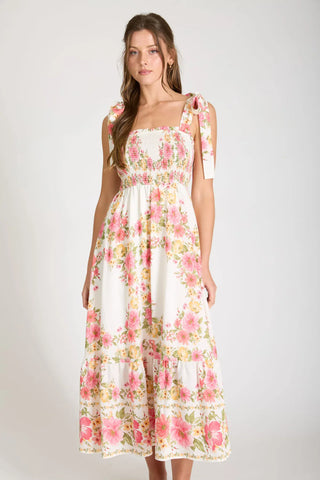 Blu Pepper Dresses Sm Floral Tie Strap Smocked Bodice  Midi Dress