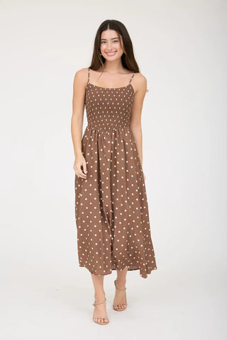 Blu Pepper Dresses Sm Polka Dot Smocked Spaghetti Strap Midi Sundress