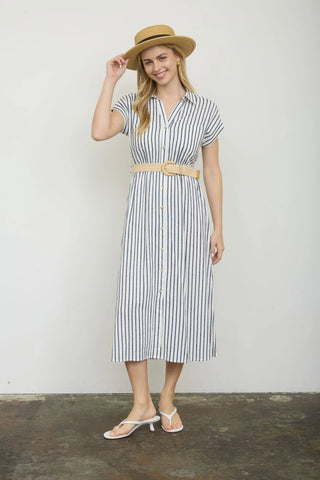 Blu Pepper Dresses Sm Stripe Collared Short Sleeve Belted Shirt Dress Navy