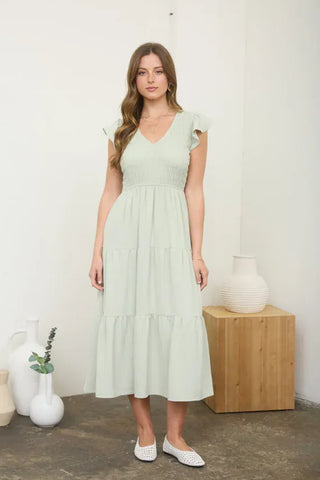 v neck flutter sleeve midi dress Wholesale MOQ6 Perfee Printed V-Neck Flutter Sleeve Midi Dress