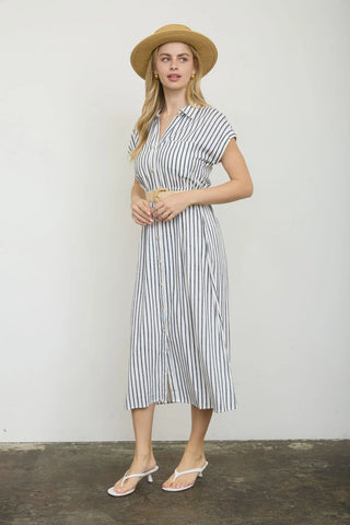 Blu Pepper Dresses Stripe Collared Short Sleeve Belted Shirt Dress Navy