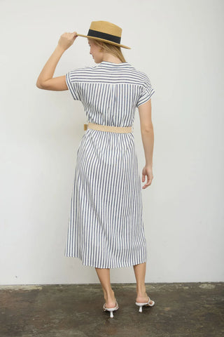 Blu Pepper Dresses Stripe Collared Short Sleeve Belted Shirt Dress Navy