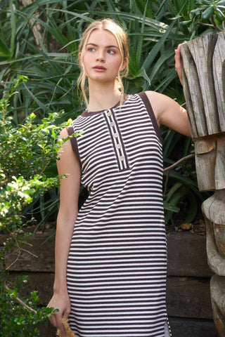 Blu Pepper Dresses Stripe Henley Tank Knit Midi Dress Brown