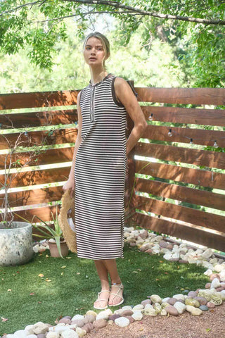 Blu Pepper Dresses Stripe Henley Tank Knit Midi Dress Brown