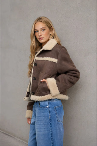 Blu Pepper Outerwear - Jackets Shearling Collared Button Down Faux Suede Jacket