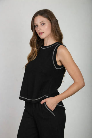 Blu Pepper Sets Back Button Detail Sleeveless Ribbed Top & Drawstring Lounge Set Black