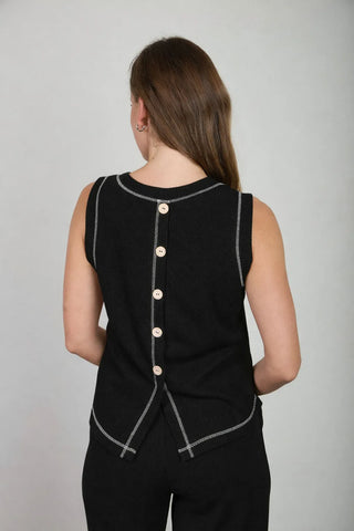 Blu Pepper Sets Back Button Detail Sleeveless Ribbed Top & Drawstring Lounge Set Black