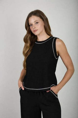Blu Pepper Sets Back Button Detail Sleeveless Ribbed Top & Drawstring Lounge Set Black