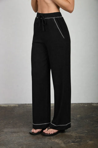 Blu Pepper Sets Back Button Detail Sleeveless Ribbed Top & Drawstring Lounge Set Black