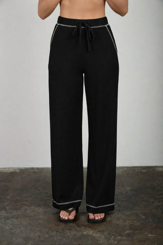 Blu Pepper Sets Back Button Detail Sleeveless Ribbed Top & Drawstring Lounge Set Black