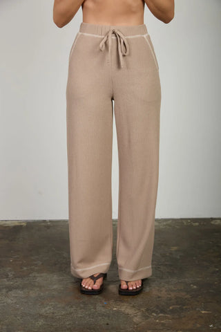 Blu Pepper Sets Back Button Detail Sleeveless Ribbed Top & Drawstring Lounge Set Mocha
