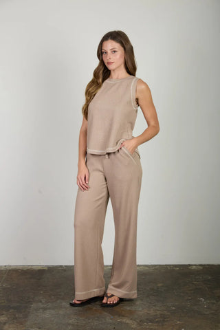 Blu Pepper Sets S Back Button Detail Sleeveless Ribbed Top & Drawstring Lounge Set Mocha