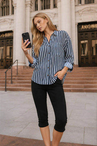 Blu Pepper Tops - Blouse Collared Button Down Long Sleeve Striped Top