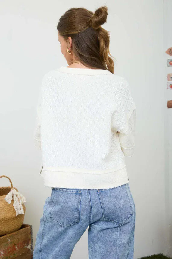 Blu Pepper Tops - Blouse Raw Edge Henley Short Sleeve Waffle Knit Top