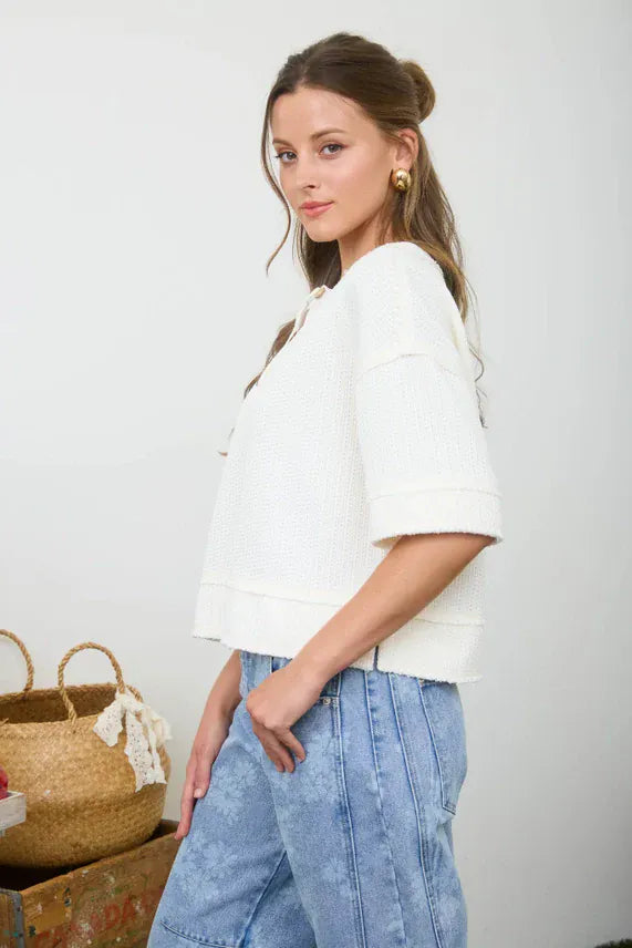 Blu Pepper Tops - Blouse Raw Edge Henley Short Sleeve Waffle Knit Top