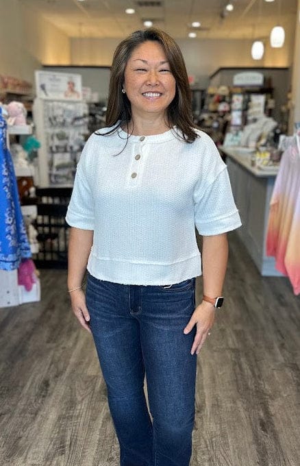 Blu Pepper Tops - Blouse Raw Edge Henley Short Sleeve Waffle Knit Top