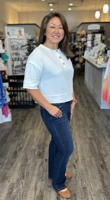 Blu Pepper Tops - Blouse Raw Edge Henley Short Sleeve Waffle Knit Top