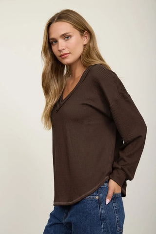 Blu Pepper Tops - Blouse Raw Edge V-Neck Long Sleeve Top Brown