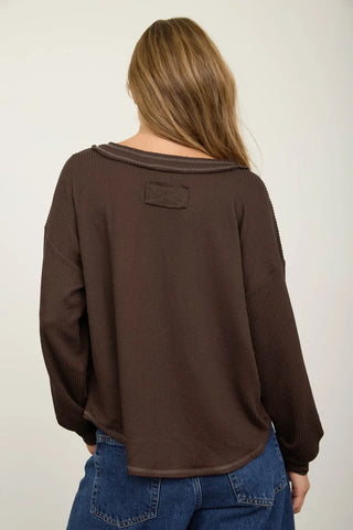 Blu Pepper Tops - Blouse Raw Edge V-Neck Long Sleeve Top Brown