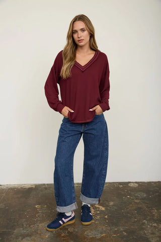 Blu Pepper Tops - Blouse Raw Edge V-Neck Long Sleeve Top Burgundy