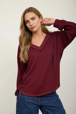 Blu Pepper Tops - Blouse Raw Edge V-Neck Long Sleeve Top Burgundy