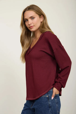 Blu Pepper Tops - Blouse Raw Edge V-Neck Long Sleeve Top Burgundy