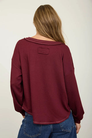 Blu Pepper Tops - Blouse Raw Edge V-Neck Long Sleeve Top Burgundy