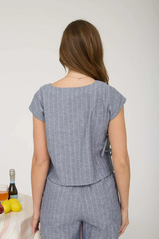Blu Pepper Tops - Blouse Short Sleeve Linen Blend Striped Side Tie Detail Top