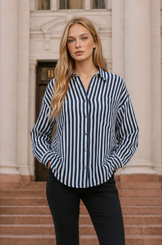 Blu Pepper Tops - Blouse Sm Collared Button Down Long Sleeve Striped Top