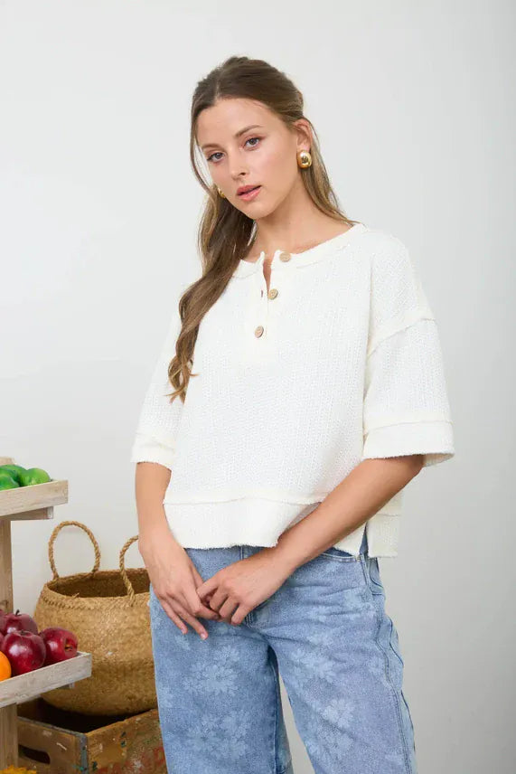 Blu Pepper Tops - Blouse Sm Raw Edge Henley Short Sleeve Waffle Knit Top