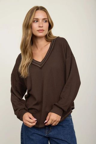 Blu Pepper Tops - Blouse Sm Raw Edge V-Neck Long Sleeve Top Brown