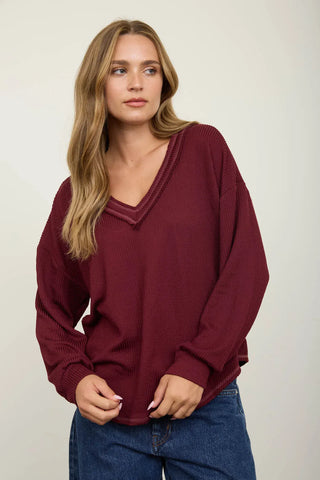 Blu Pepper Tops - Blouse Sm Raw Edge V-Neck Long Sleeve Top Burgundy