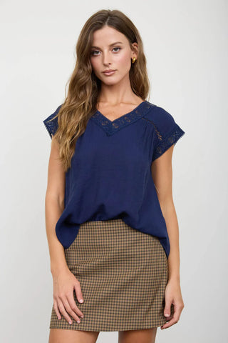 Blu Pepper Tops - Blouse Sm V-Neck Lace Trim Cap Sleeve Top